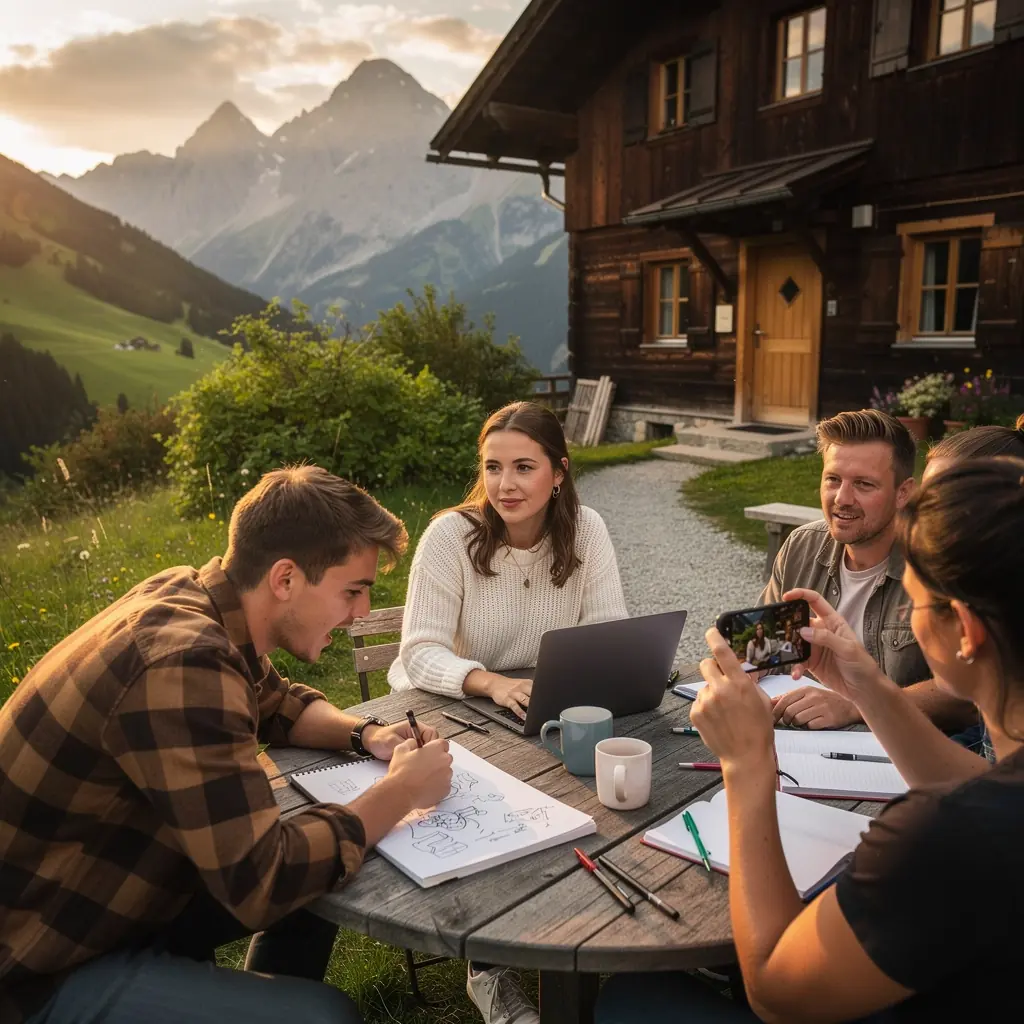 Ein Laptop, auf dem ein Blogbeitrag erstellt wird, umgeben von Notizen und kreativen Materialien.