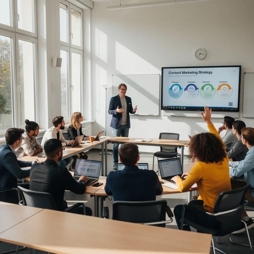 Ein Gruppenfoto von Teilnehmern in einem Online-Kurs über Content-Marketing-Strategien.